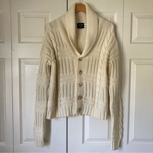 Vtg Cable Knit Chunky Grandpa Cardigan Button Front Shawl Collar Cream Size L